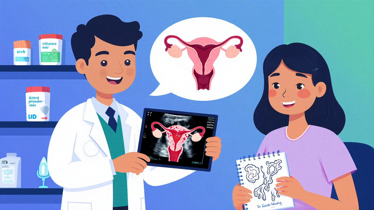 Doctor showing ultrasound of healthy uterus with contrasting bleeding and balanced lining visuals.