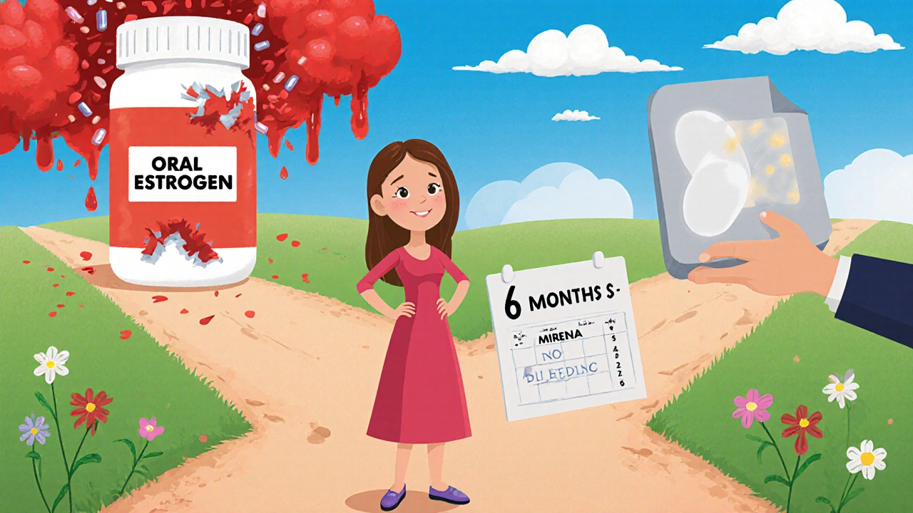 Woman choosing between chaotic oral estrogen path and calm patch/IUD path with blooming flowers.