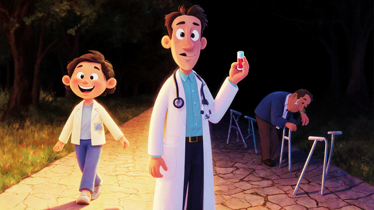 A neurologist offers clozapine between two paths—one showing walking freedom, the other collapse and broken canes.