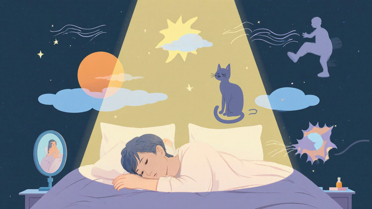 A peaceful nighttime scene with calming elements floating above a sleeping Parkinson’s patient, replacing hallucinations.