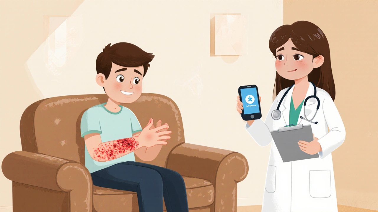 Adult with blistered forearm consulting a friendly dermatologist in a clinic.