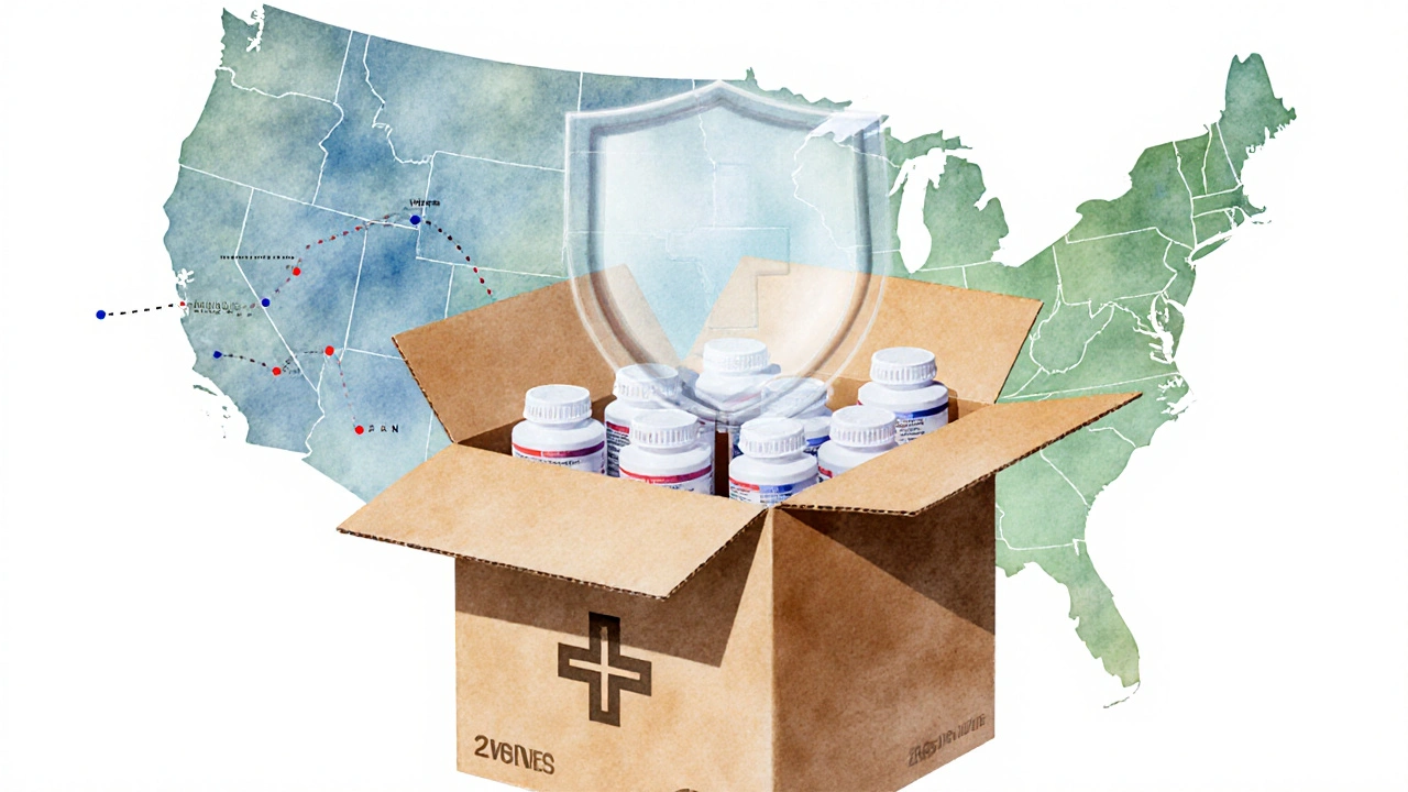 Box of metformin bottles with a map showing Canada‑to‑US shipping and a protective shield above.