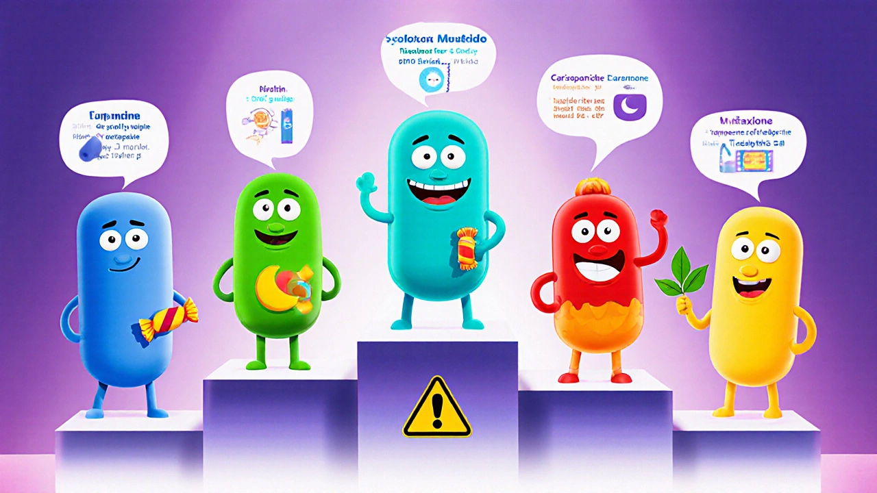 Cartoon characters representing six muscle relaxants stand on a podium with attribute icons.