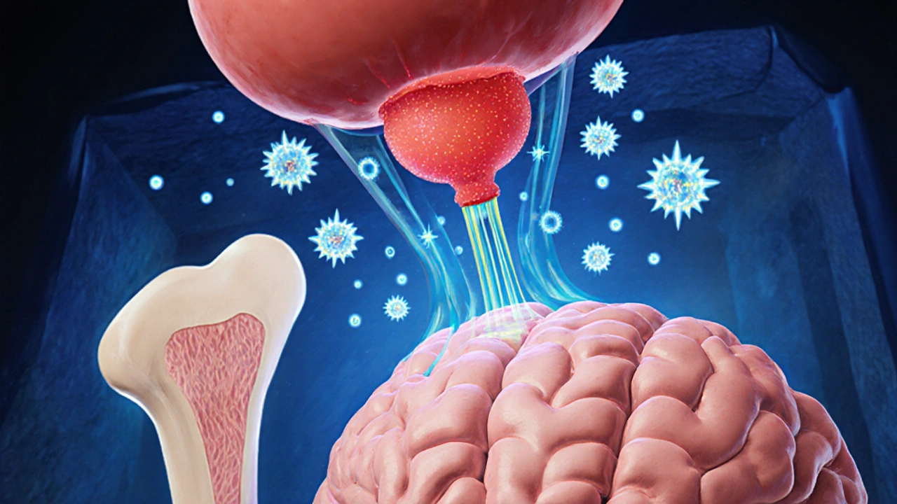 Cartoon cross‑section shows a pituitary tumor releasing growth hormone particles.