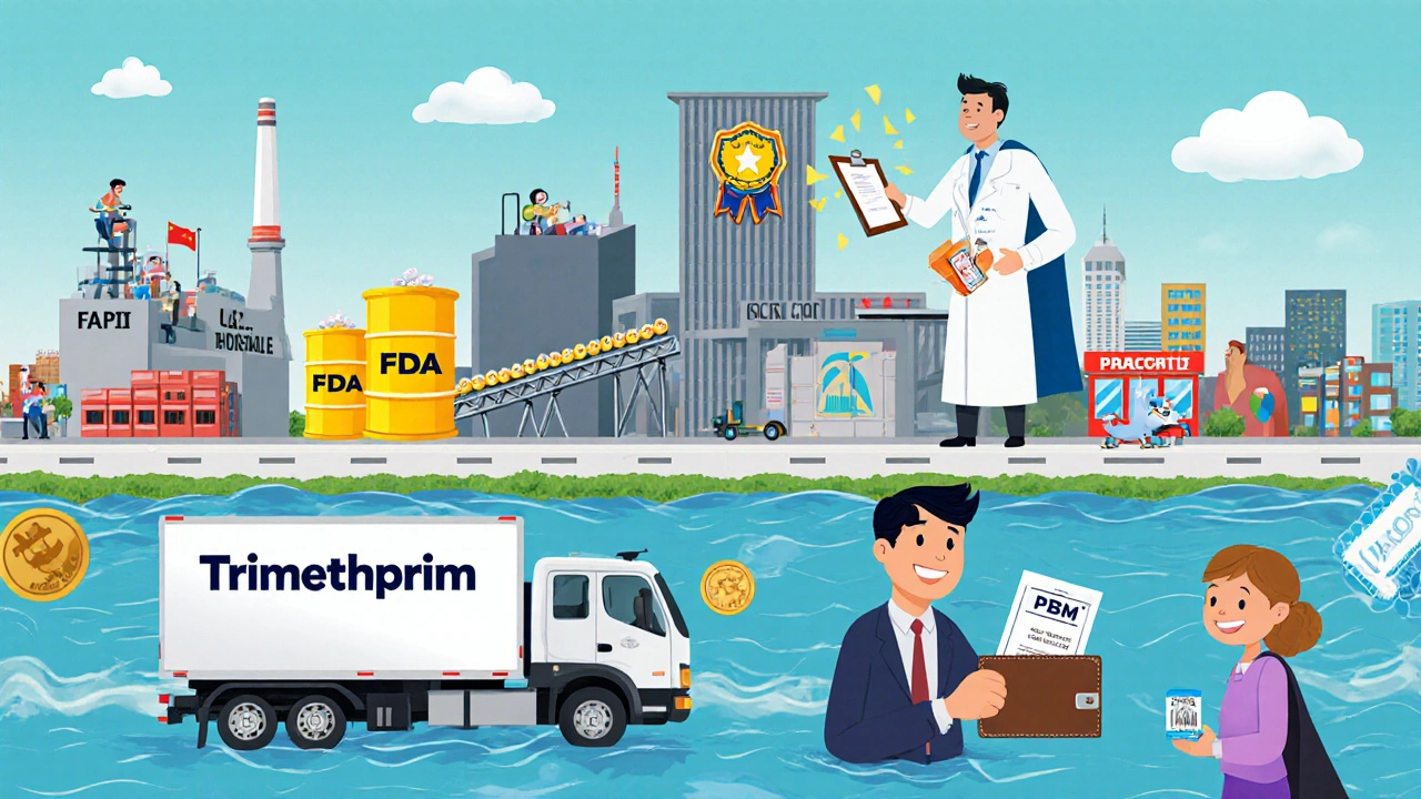 Cartoon flow of trimethoprim from raw material to patient wallet.