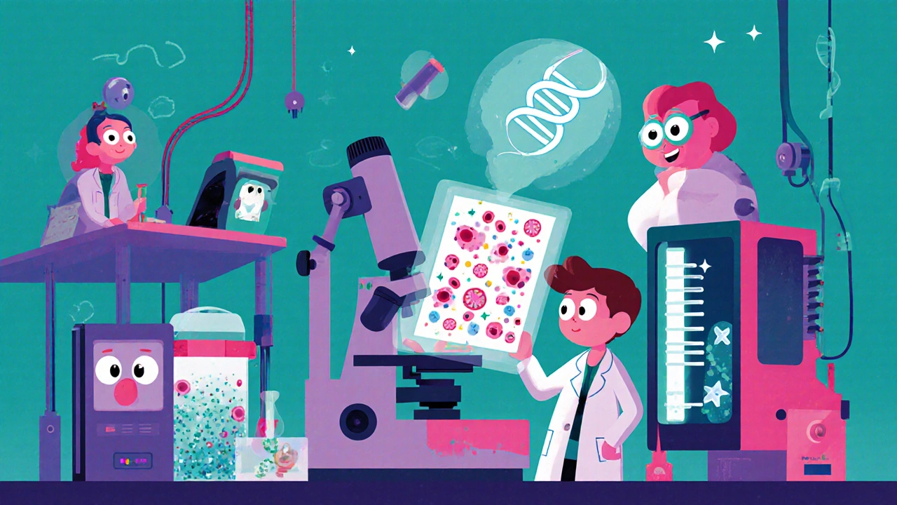 Cartoon lab scene with scientists analyzing a marrow sample using microscopes, PCR and DNA equipment.