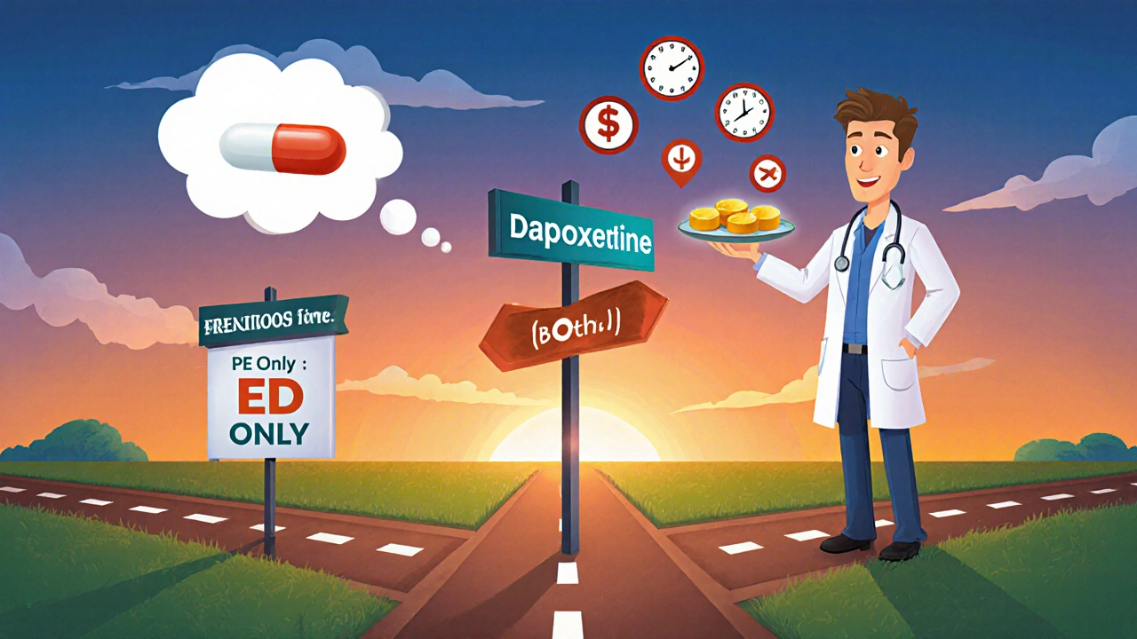 Cartoon man at a crossroads choosing between PE, ED, or combined Avana pill, with a doctor offering the combo.