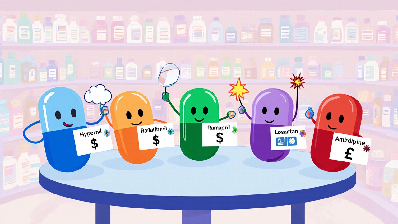 Cartoon medication characters at a table showing dosage, cost, and side‑effects.