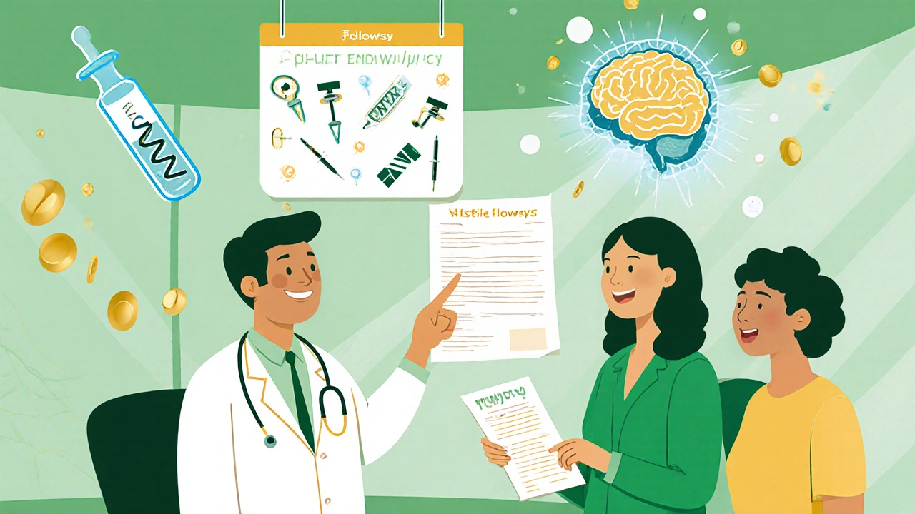 Cartoon of a patient and doctor reviewing follow‑up biopsy results with futuristic liquid‑biopsy and AI visuals.
