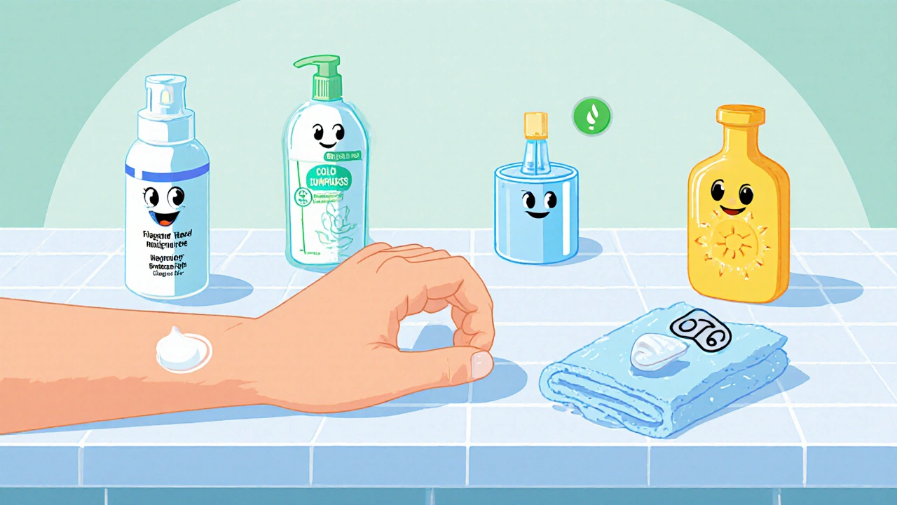 Cartoon of home care items: patch test, cleanser, moisturizer, hydrocortisone, cold compress, sunscreen.