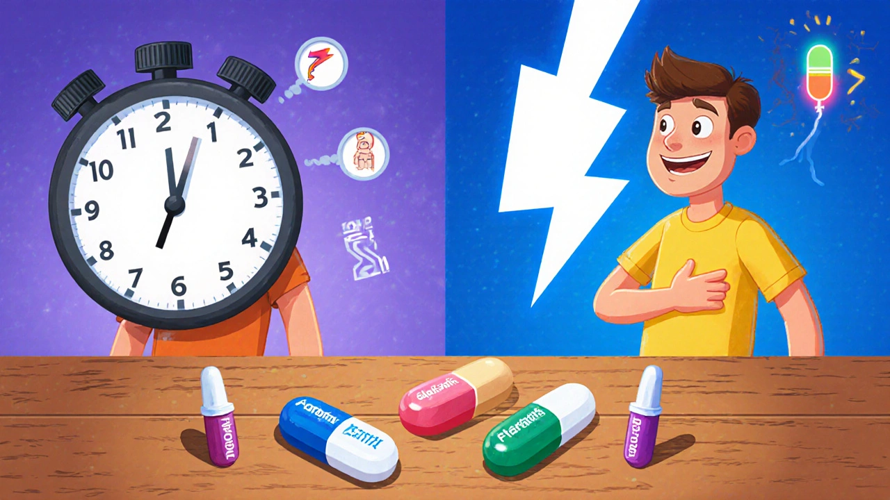 Cartoon split screen showing dapoxetine onset with a stopwatch and avanafil rapid effect with a lightning bolt, plus other pills on a table.