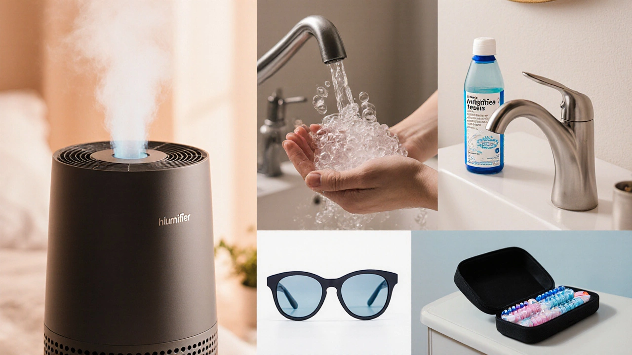 Collage of humidifier, hand washing, eye drops, sunglasses, and lens case.