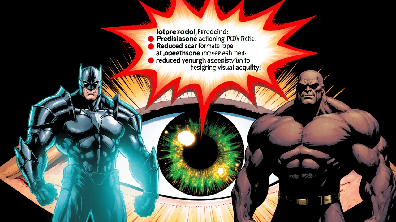 Comic showdown of three steroid figures, loteprednol as the victorious hero.