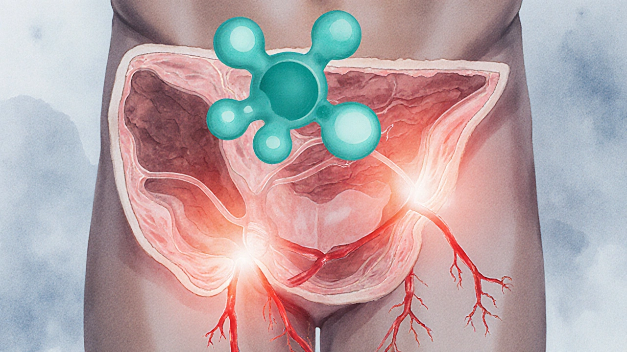 Cross‑section of male anatomy with highlighted arteries and tadalafil molecule illustrating increased blood flow.