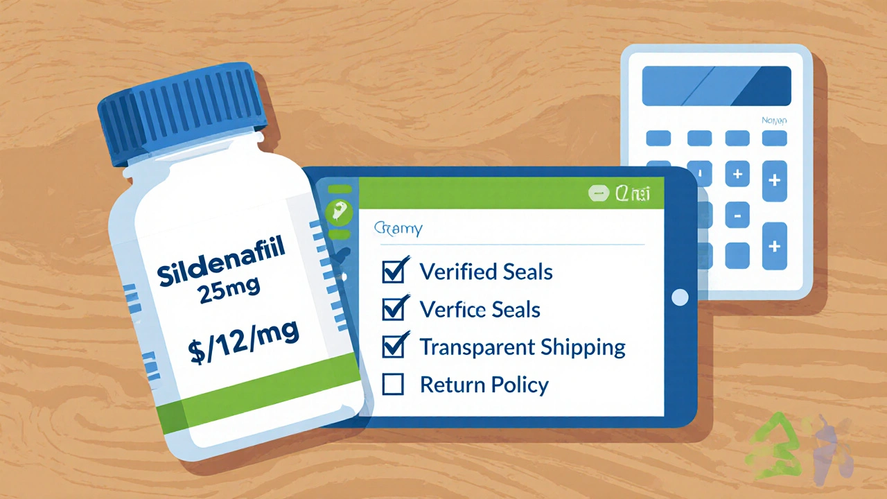 Desk flat‑lay with pill bottle, price calculation, and verification checklist graphic.