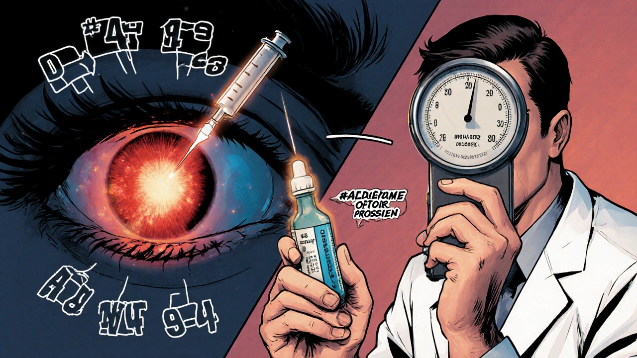 Doctor holding anti‑parasitic and loteprednol drops, eye pressure gauge shown.