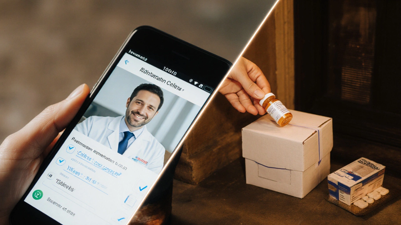 Doctor video call, delivered medication box, and opened Celexa pill bottle in one scene.
