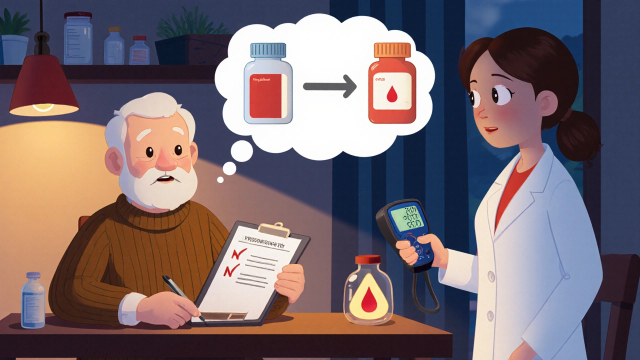 Elderly patient and pharmacist reviewing a plan to switch from Hypernil to Losartan.