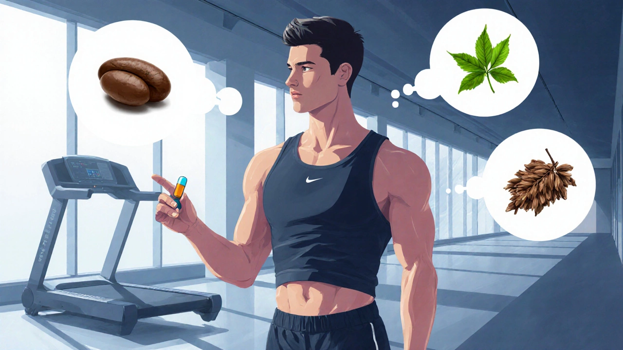 Fit adult holding a synephrine capsule in a gym hallway, with faint supplement silhouettes in the background.