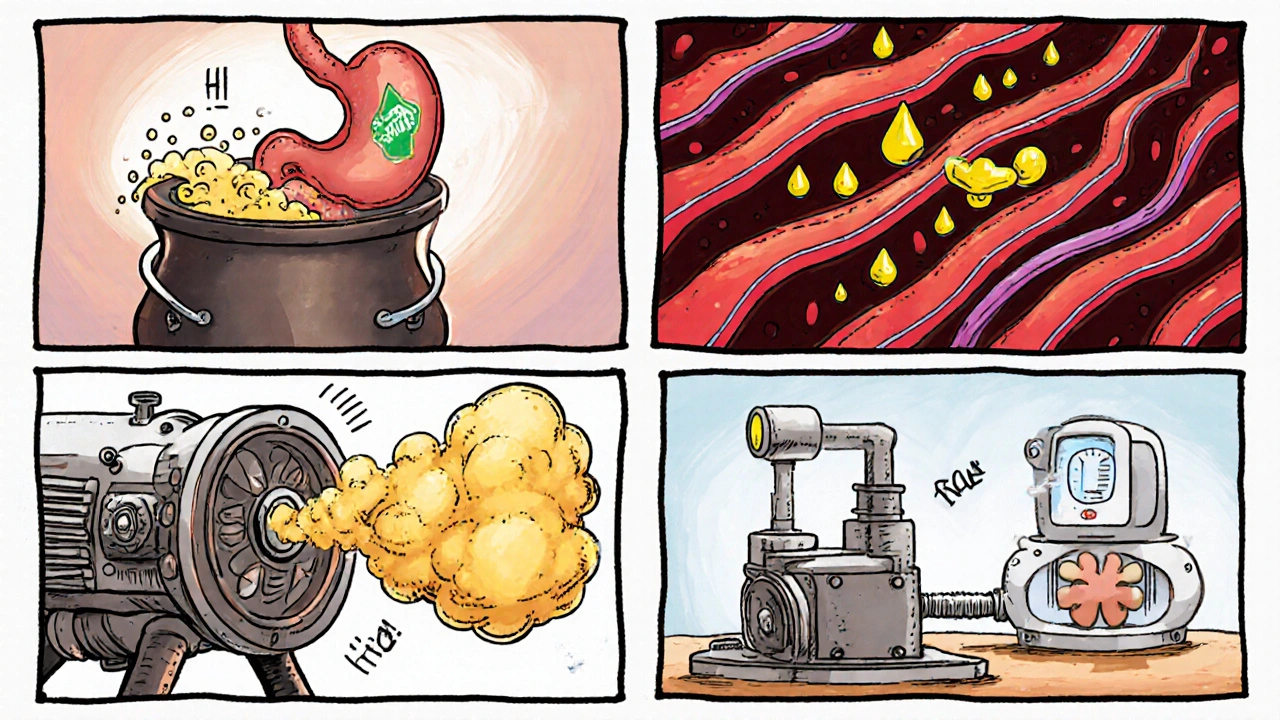 Four comic panels showing stomach acidity, fat distribution, reduced liver flow, and slower kidney clearance.