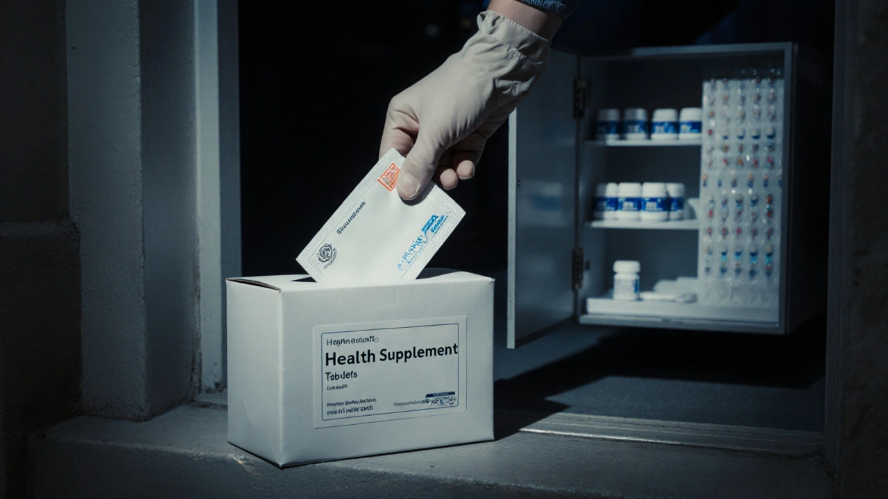 Hand opening a discreet parcel on a doorstep, revealing sealed medication and batch number.