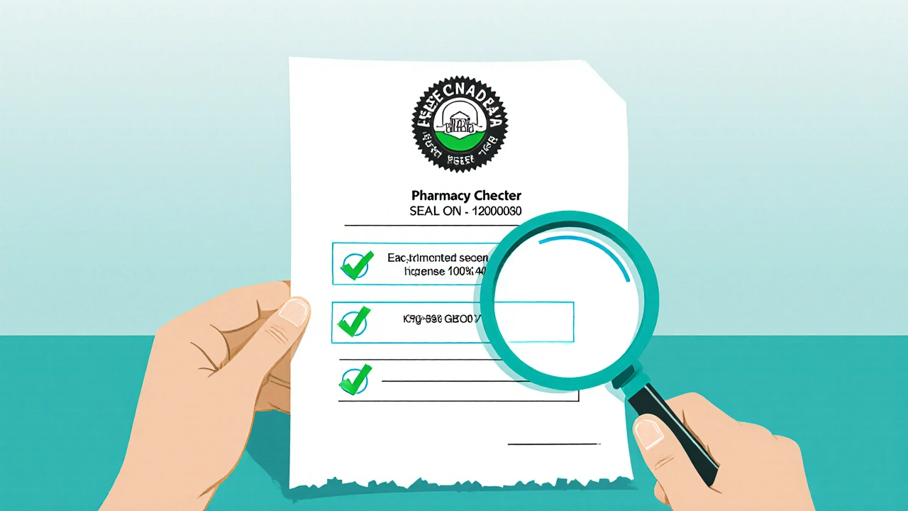 Hand using magnifying glass to examine pharmacy verification sheet with checkmarks.