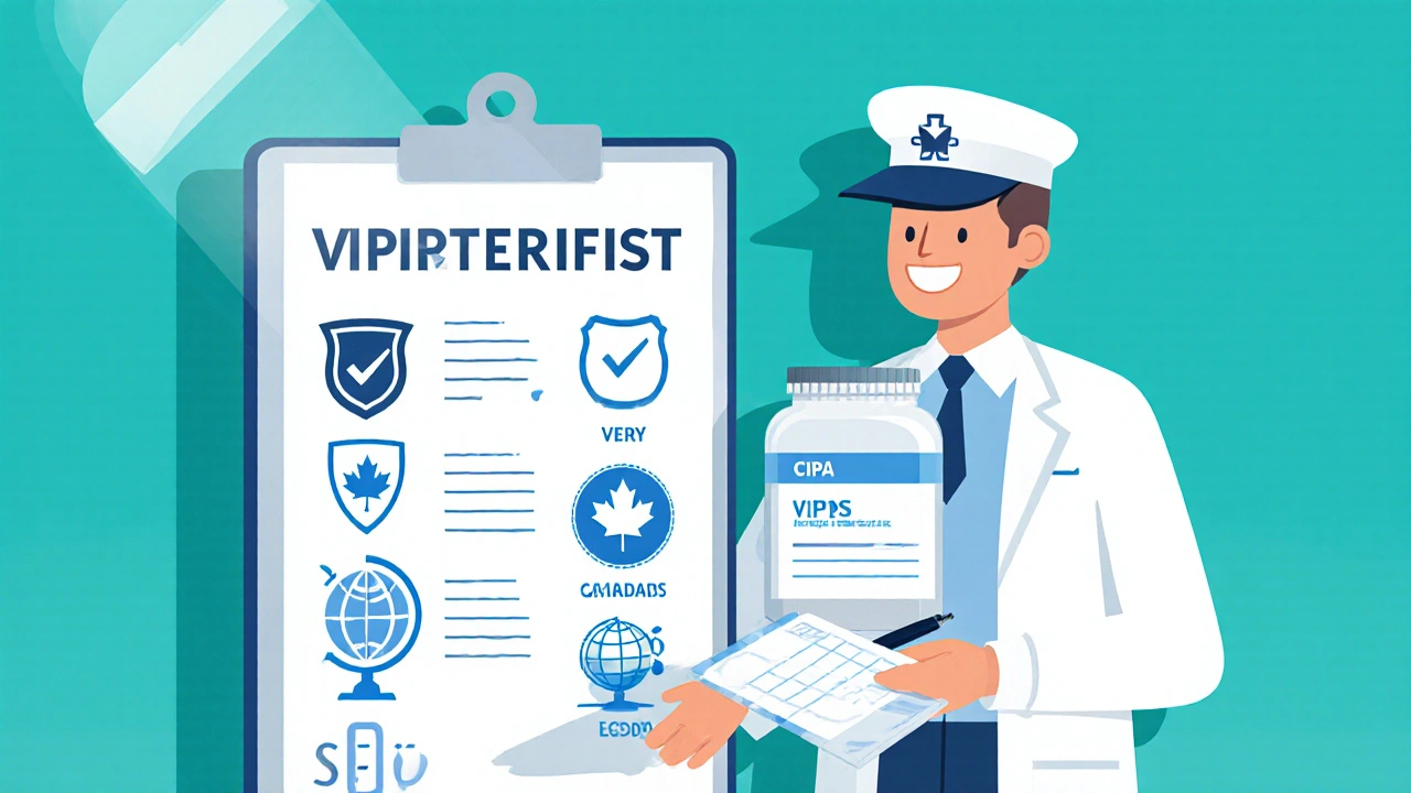 Illustrated checklist of pharmacy verification icons with pharmacist handing medication to a courier.