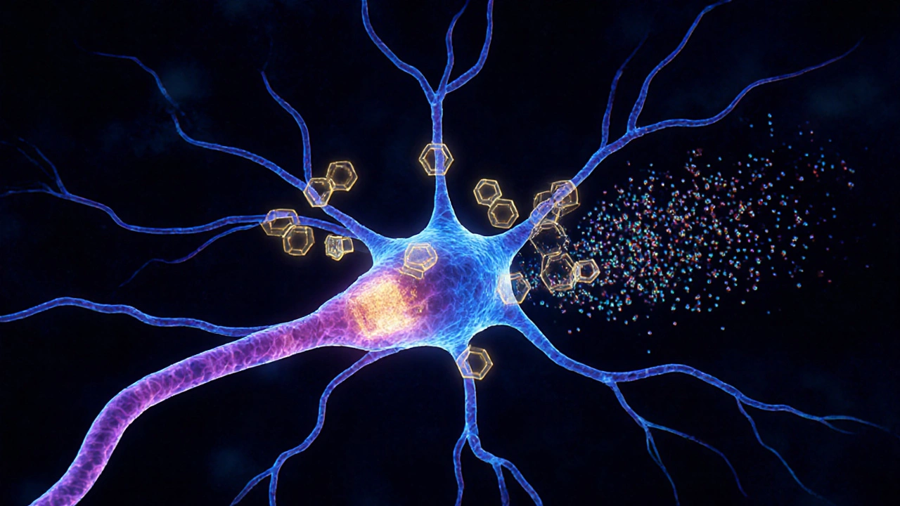 Illustrated neuron showing gabapentin binding to calcium channel subunits, reducing neurotransmitter release.