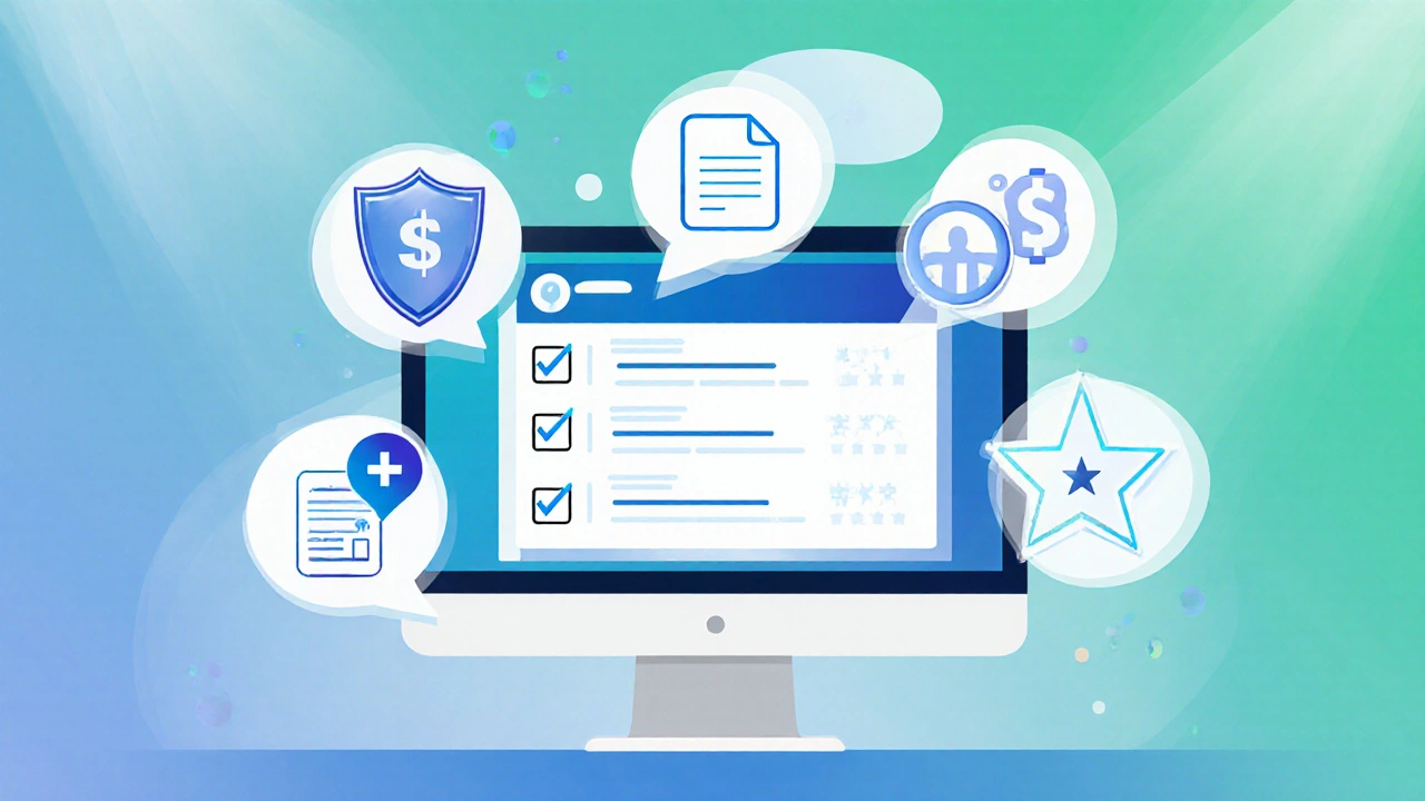 Illustration of five icons showing licensing, prescription, pharmacist chat, pricing, and reviews.