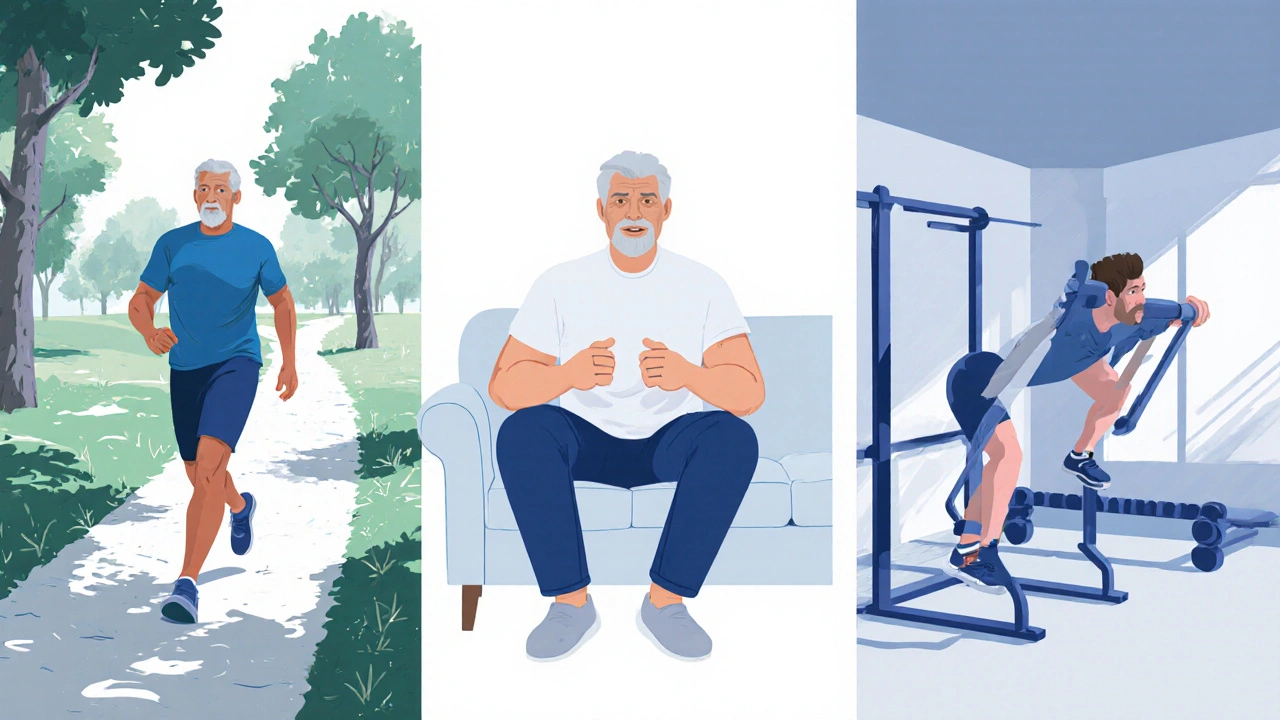 Man walking in a park, doing pelvic floor squeezes on a couch, and performing home strength exercises.