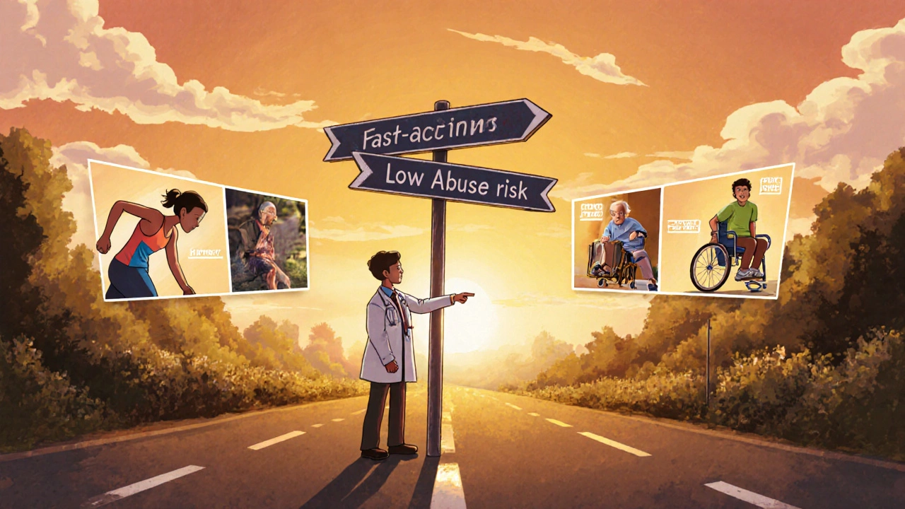 Patient at a sunset crossroads chooses a muscle relaxant, guided by a doctor.