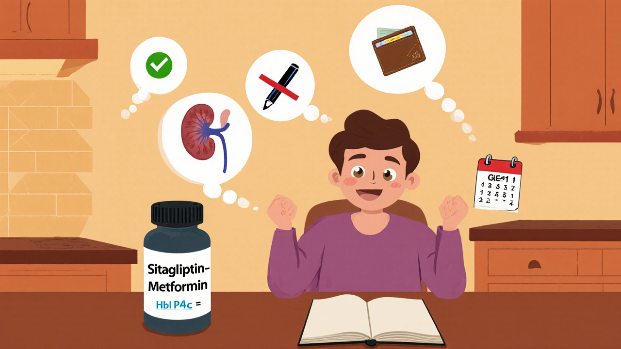 Patient at home feeling confident about the combo, with thought bubbles about kidneys, cost, and labs.