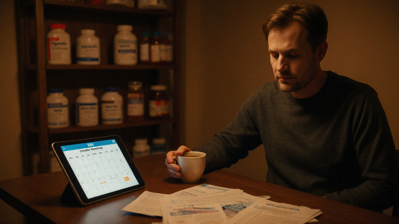 Patient at home reviewing medication options, with bottles of alternative drugs on the table.