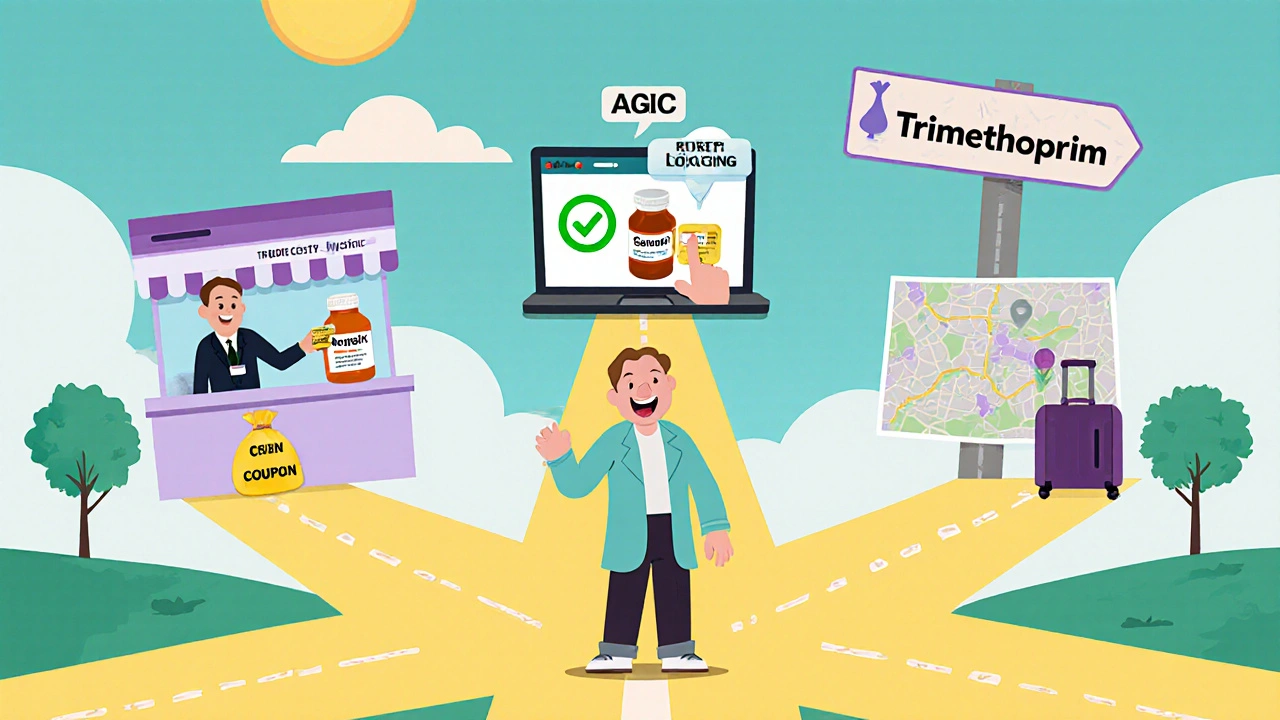 Patient choosing generic, online discount, and cross‑border purchase.