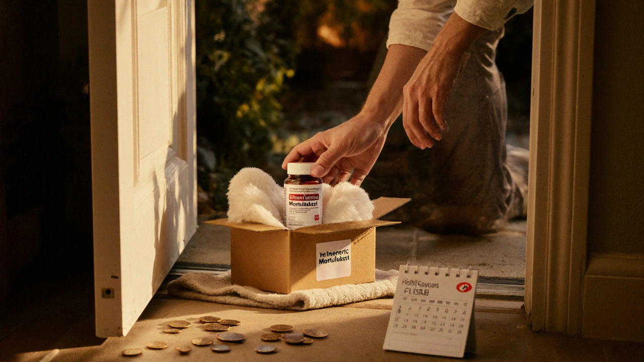 Person opening a delivery box with a medication bottle, coins, and a reminder calendar.