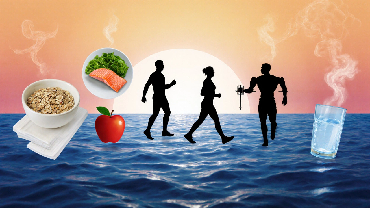 Silhouette collage of daily meals and exercises for prostate health across sunrise to night.