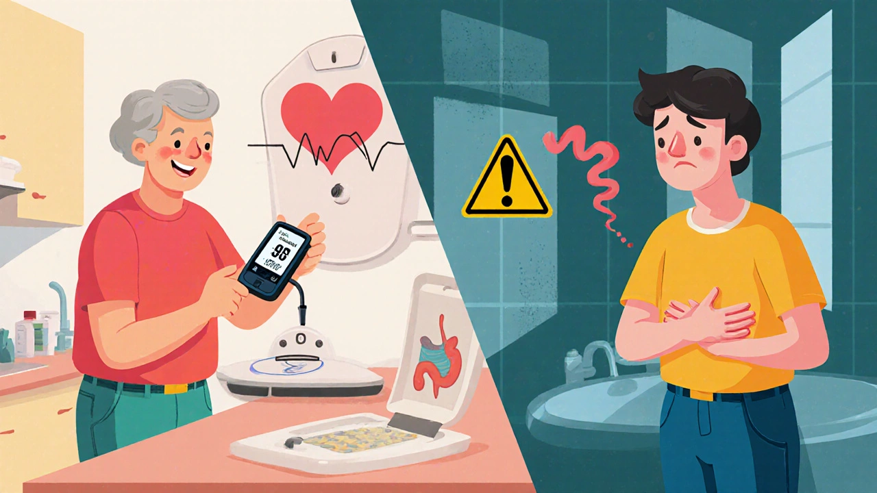 Split scene showing benefits like lower glucose and heart health versus GI upset and pancreatitis risk.