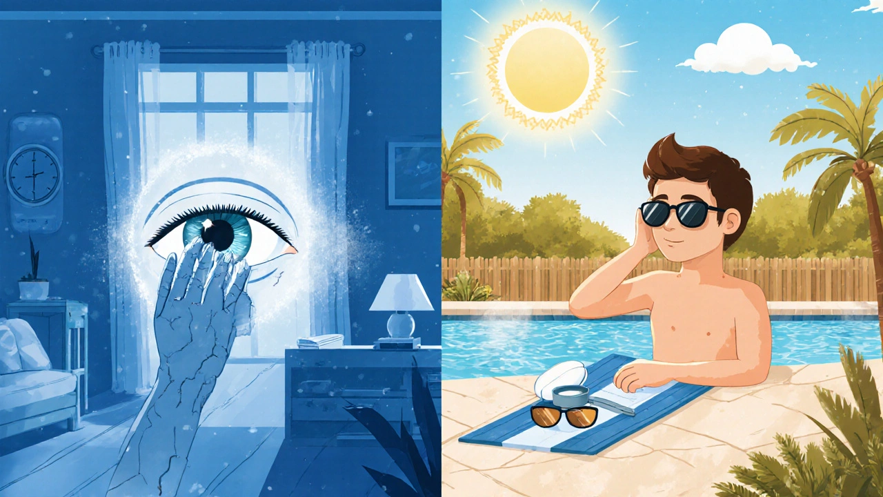 Split‑screen showing winter indoor dryness and summer pool UV exposure.