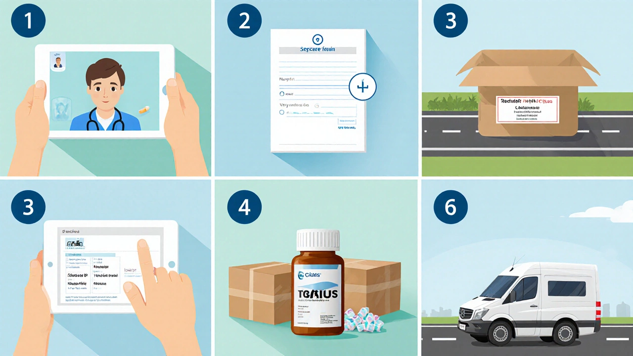 Storyboard of online purchase steps: telehealth call, upload prescription, select medication, discreet packaging, delivery, pill bottle.