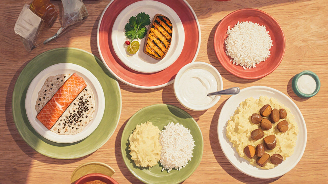 Top‑down view of a week’s low‑residue meals arranged on a kitchen countertop.