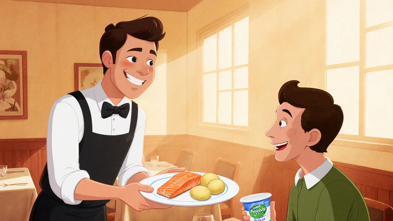 Waiter serving baked salmon and potatoes to a diner holding probiotic yogurt in a cozy restaurant.