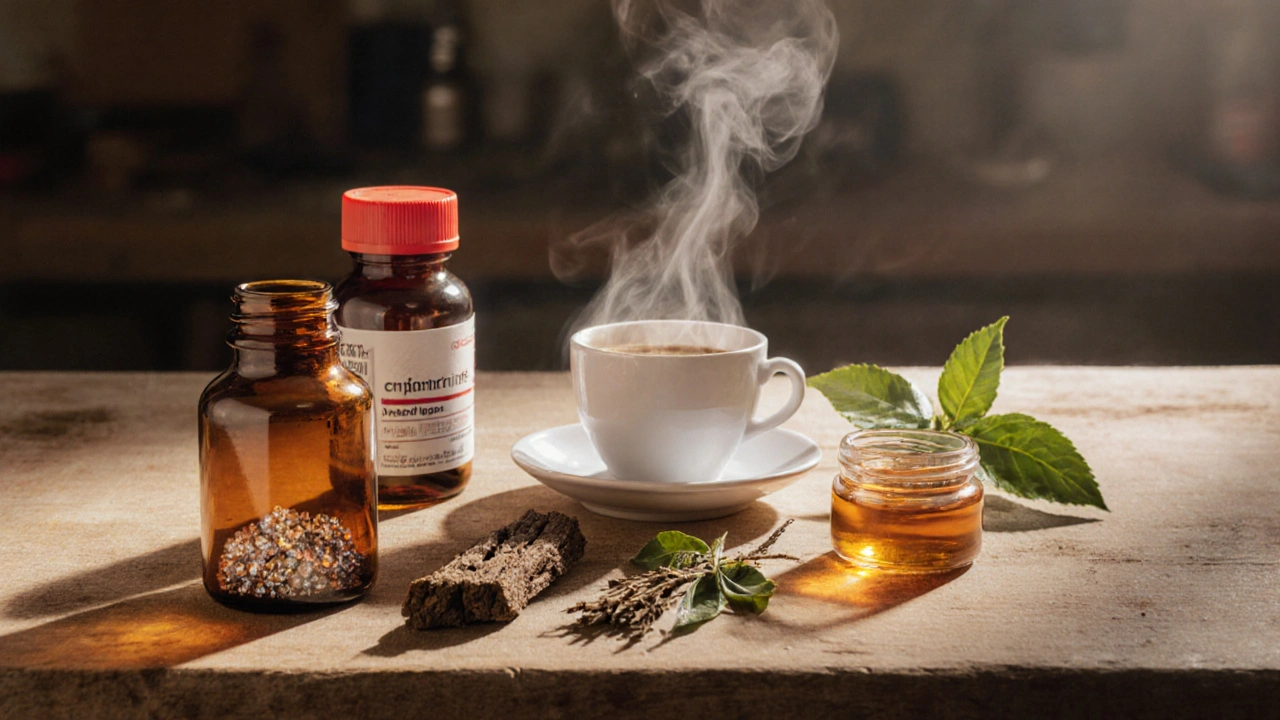 Wooden bench displaying synephrine vial, ephedrine bottle, espresso cup, yohimbe bark, green tea leaves, and orange extract.