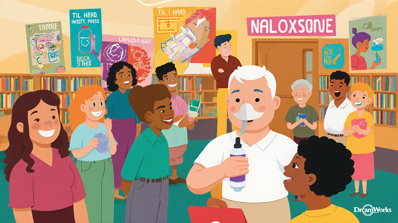 A community group learning to use naloxone spray with an animated instructor and posters.