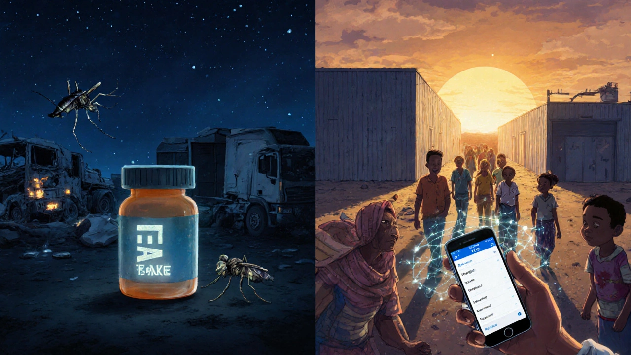 A dark scene of broken supply chains contrasted with a glowing WHO app guiding villagers to a new medicine warehouse at sunrise.