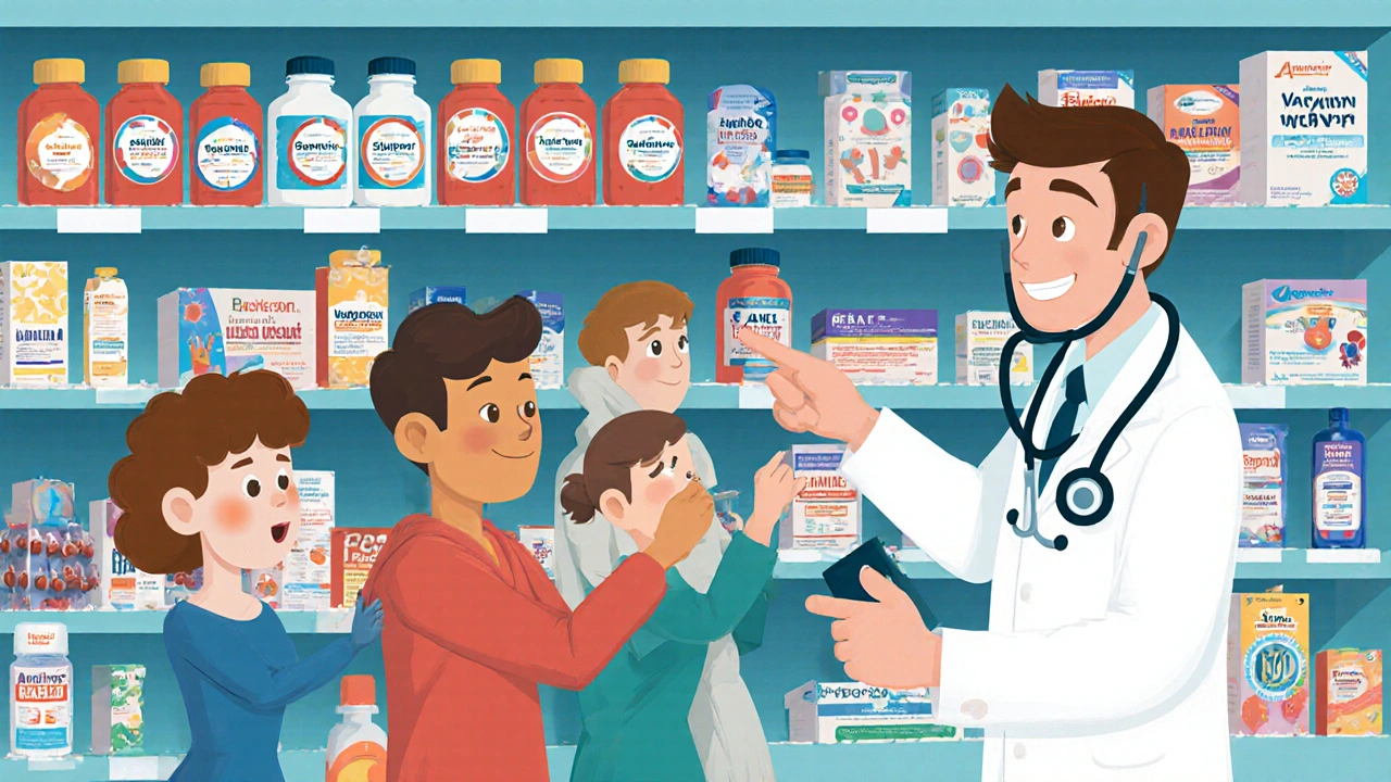 A diverse group choosing antiviral medications with a helpful pharmacist beside a pharmacy shelf.