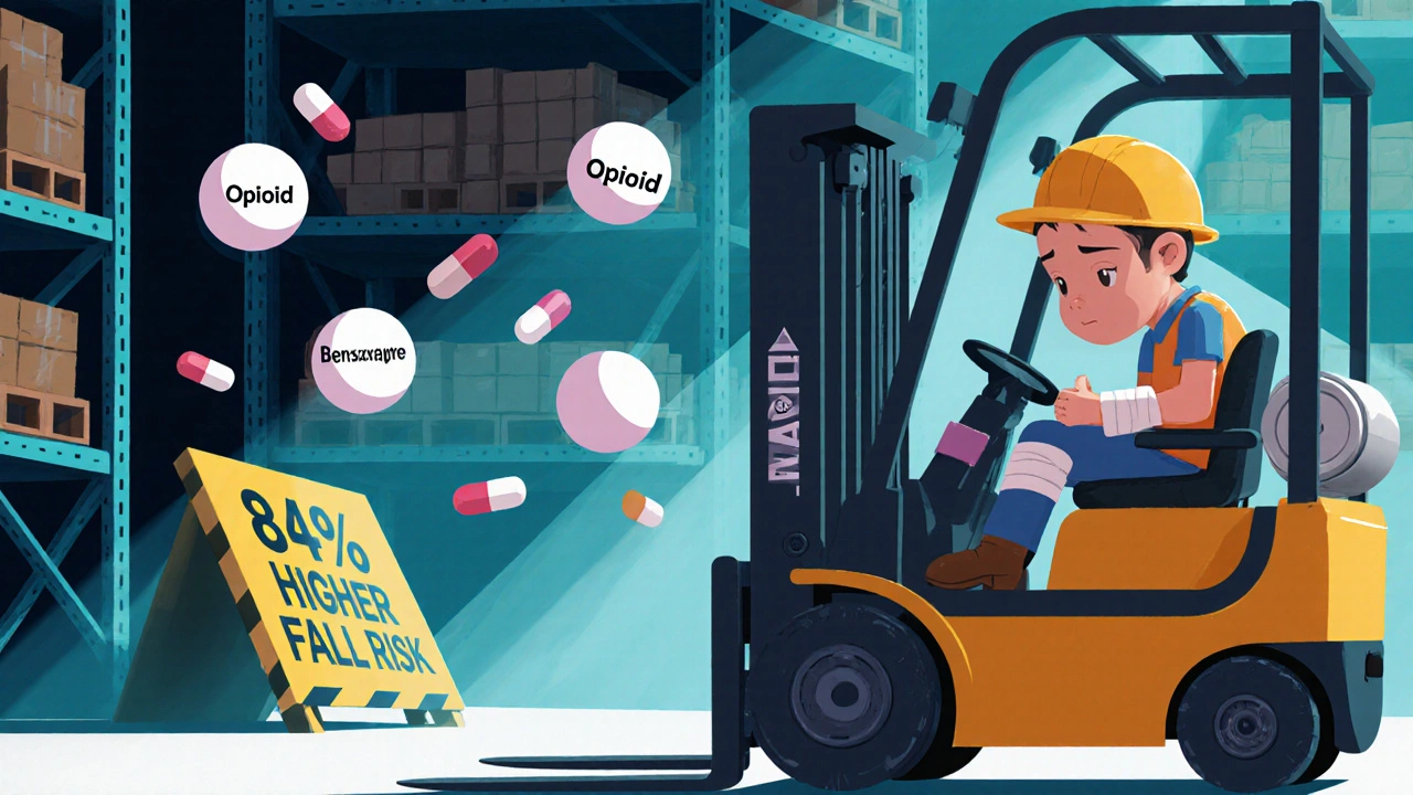 A drowsy warehouse worker surrounded by floating prescription pills, with a tipped shelf nearby indicating accident risk.