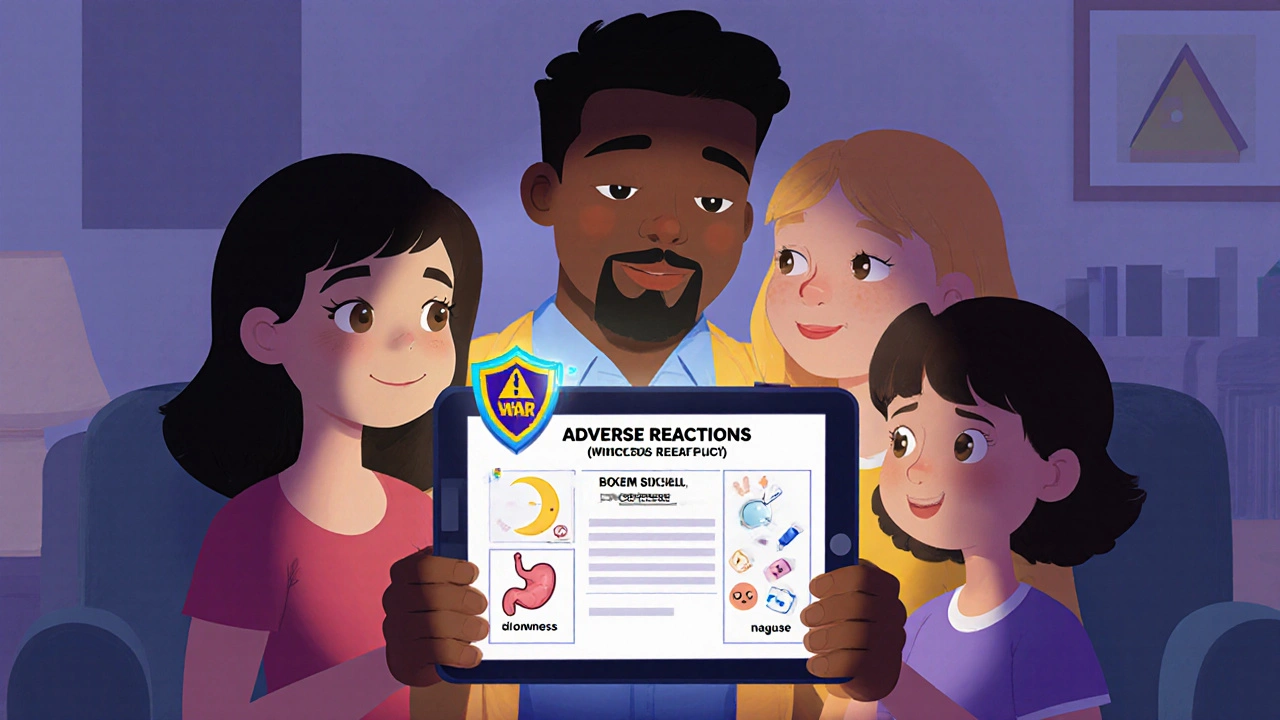 A family looking at a tablet displaying drug side effects as friendly icons, with a glowing boxed warning above.