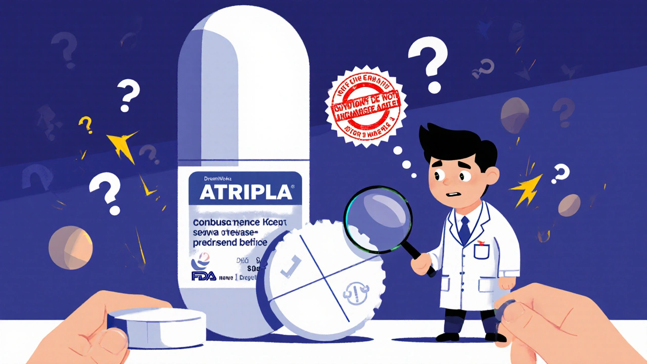 A giant combination pill with two similar but non-interchangeable versions being examined under a magnifying glass.