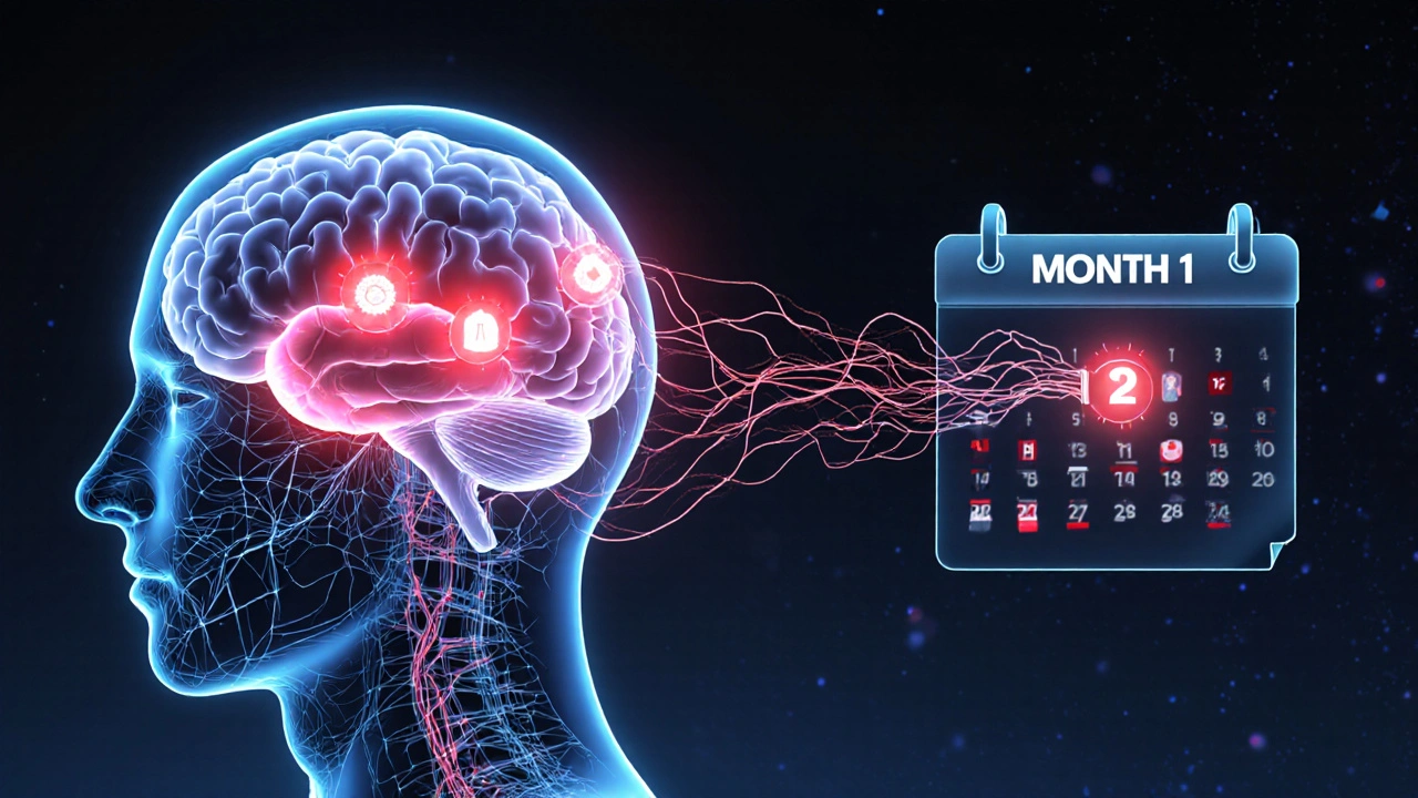 A glowing brain showing red alarm signals calmed by steady pink noise, transforming neural pathways over time.