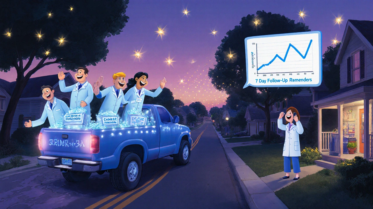 A glowing specialty pharmacy delivery truck with caring staff sends refrigerated meds to a patient&#039;s home at dusk.